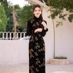 冬款韩国绒刺绣长款旗袍，加绒加厚黑色高级气质旗袍SJT710