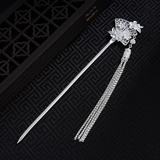 子佩集S990银【醉花问雪】发簪【LFZ000021】纯银扇子扇形流苏花丝2410 商品图3