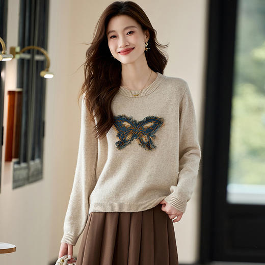 叠穿宽松针织衫潮上衣，蝴蝶图案气质灰色打底衫CC- J919 商品图0