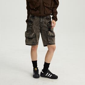 oneup立体口袋洗水牛仔短裤