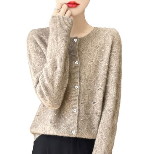 J1117羊毛开衫女25秋冬圆领镂空针织衫上衣宽松洋气提花毛衣女外套 商品图3