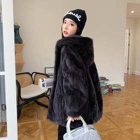 YF2105 2024新款皮草年轻款水貂毛天鹅绒貂皮大衣女拼貂中长款连帽外套女
