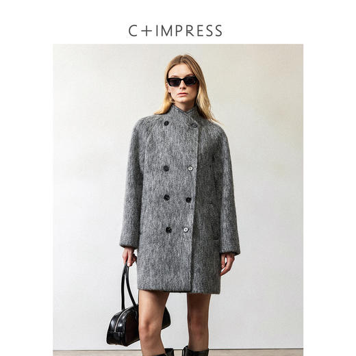 西嘉|精梳美丽诺羊毛 高智感格雷系水波纹灰色中长款毛呢外套女冬 商品图1