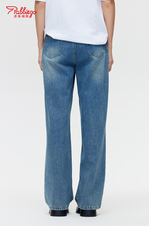 赤兔嗨购复古蓝/怀旧蓝阔腿牛仔裤女高腰褶皱高级感2024年新款直筒宽松垂感拖地裤复古怀日风 商品图4