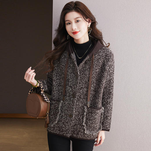 CC-10-5935宽松休闲连帽开衫大码2024新款毛呢外套女设计感小众针织衫 商品图2