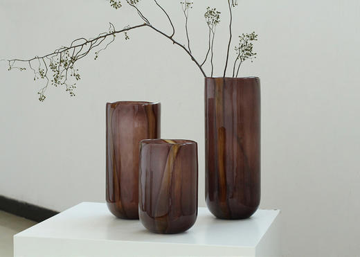 现代简约大口直筒竖条纹深咖吹制花瓶水培干花蝴蝶兰插花桌面装饰 商品图1