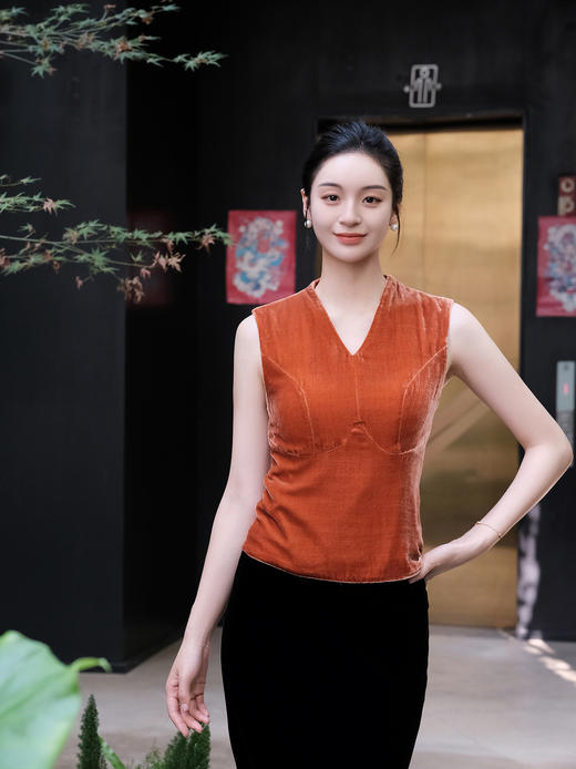 盛唐婧| 真丝丝绒百搭坎肩美背-橘色 商品图0