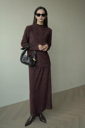 Le Malene 酒红色高级肌理感上衣半裙套装 17397