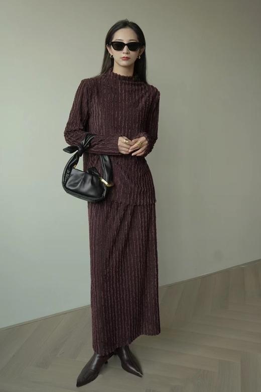 Le Malene 酒红色高级肌理感上衣半裙套装 17397 商品图0