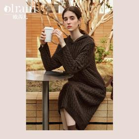 OLrain欧芮儿法式咖色连衣裙女冬季2024年新款麻花复古慵懒毛织裙
