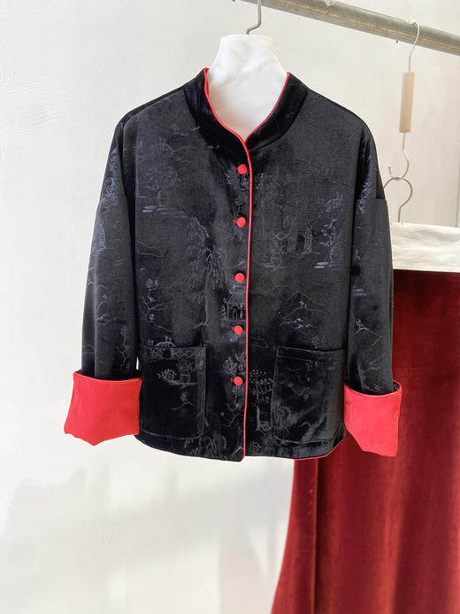 【丁摩】秋季新中式双面穿丝绒提花上衣改良唐装红色外套女5786 商品图2