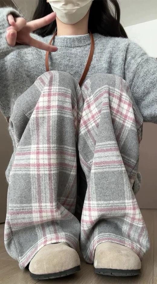 <曾小咸推荐> 灰格抽绳毛呢阔腿裤 日常价139/件 活动价99！！ 商品图5