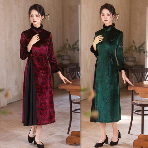 GX黑金绒长款九分袖奥黛旗袍裙2024冬新款复古民族风奥黛 商品图3
