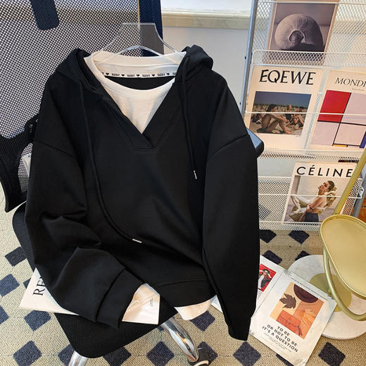 【微胖大码假两件灰色卫衣】秋季新款 慵懒风宽松休闲连帽上衣外套  商品图6