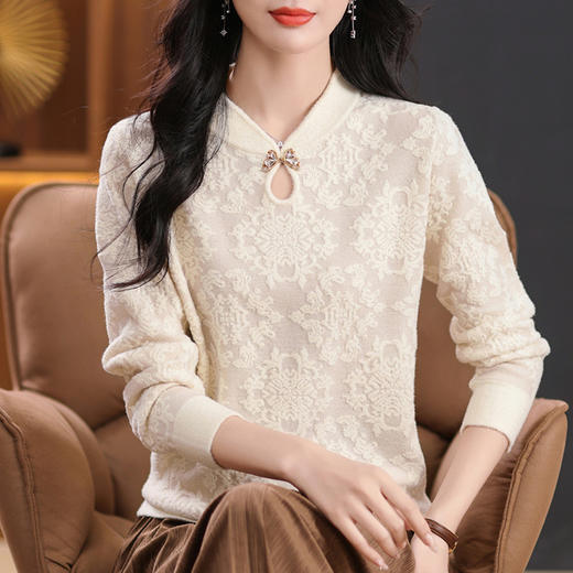 CC-5-9125大码宽松中式减龄洋气秋冬季新款女士提花毛衣针织打底衫 商品图2