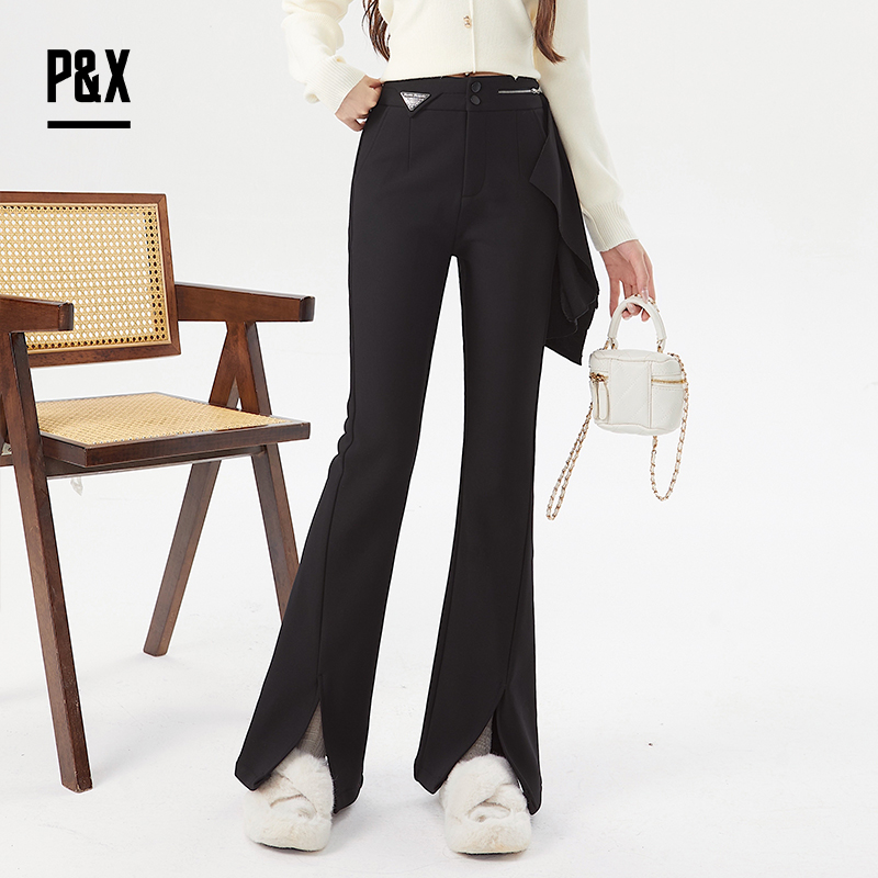 P&X设计师女装冬季外穿修身开叉微喇叭休闲长裤 824409208 黑色