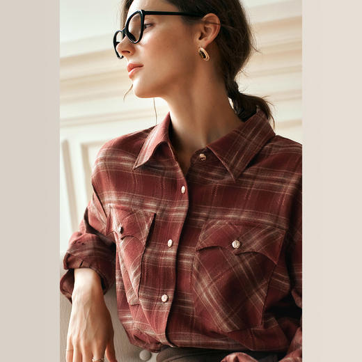 OLrain欧芮儿格子长袖衬衫女冬季2024年新款简约休闲宽松加厚上衣 商品图1