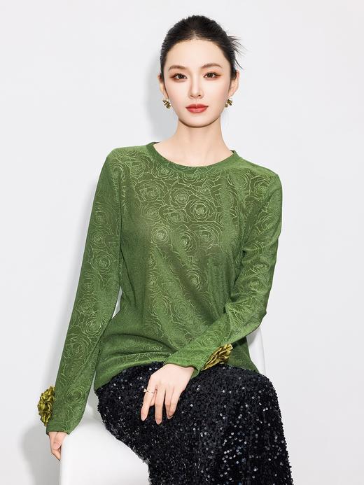 【丁摩】新中式女装2024秋季新款立体花朵设计圆领烧花打底上衣8821 商品图2