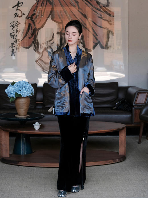 盛唐牡丹| 藏蓝色丝绒双面穿外套 商品图7