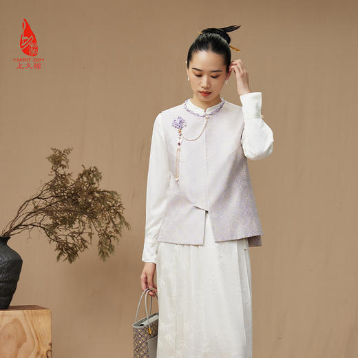 SAINTJOY/上久楷 女式宋锦马甲 中式上衣 中国风 复古 绿地团花纹氈罽 CY1044207027 商品图4