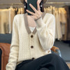 丁摩 秋冬纯羊毛开衫女V领针织长袖拼色毛衣外套56-196 商品缩略图2