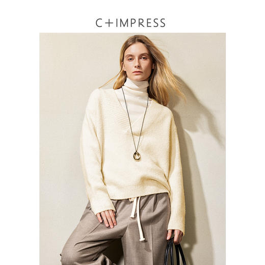 西嘉|牦牛绒美丽奴羊毛混纺 慵懒风V领宽松毛衣针织衫上衣女冬季 商品图0