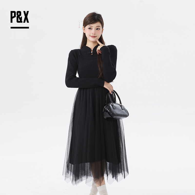 P&X设计师女装冬款中式领打底修身针织连衣长裙 824408188 黑色
