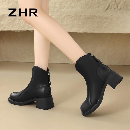 ZHR粗跟多巴胺短靴2024新款气质加绒瘦瘦靴轻便马丁靴切尔西靴 商品图6