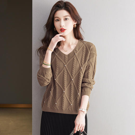 CC-27-24167红色气质毛衣好看钉珠V领打底衫女上衣潮2024新款秋冬季针织衫 商品图1