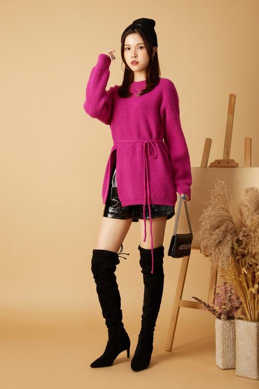 ANSUABEL 玫红色系带高开衩针织上衣 10481 商品图1