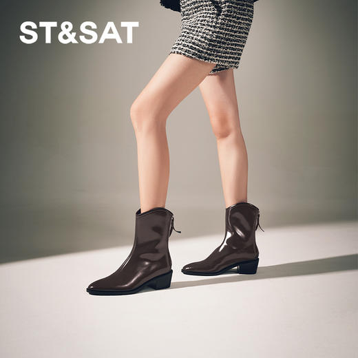 星期六法式气质尖头粗跟时装靴SSC4116643 商品图0