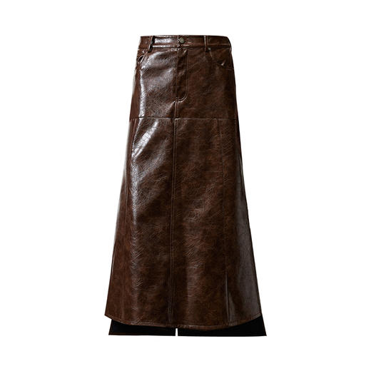 西嘉|PU油蜡皮美拉德棕色皮裙半身裙女2024年冬季解构后开衩A字裙 商品图4