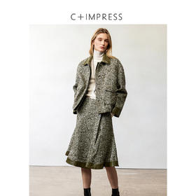 西嘉|羊驼羊毛混纺圈圈人字复古拼接皮领假两件夹克/鱼尾裙女套装（WT2404011）