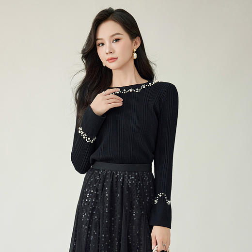 奢姿大码女装2025秋季减龄钉珠喇叭袖时尚针织衫胖妹妹百搭上衣9843853546 商品图3