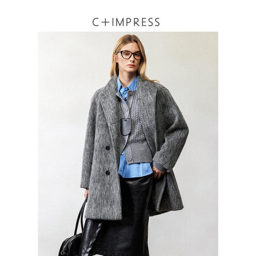 西嘉|精梳美丽诺羊毛 高智感格雷系水波纹灰色中长款毛呢外套女冬 商品图3
