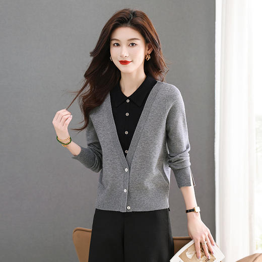 CC-MY-1168假两件拼色上衣时尚洋气羊毛针织打底衫女春秋冬内搭衬衫领毛衣女 商品图2
