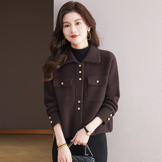 CC-10-5931小香风翻领高腰外套女短款秋装2024新款时尚外搭宽松针织开衫春秋 商品图3