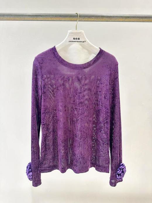 【丁摩】新中式女装2024秋季新款立体花朵设计圆领烧花打底上衣8821 商品图1