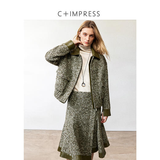 西嘉|羊驼羊毛混纺圈圈人字复古拼接皮领假两件夹克/鱼尾裙女套装（WT2404011） 商品图4