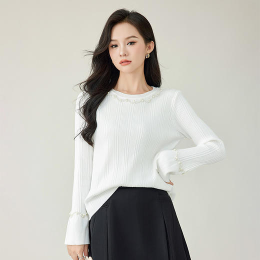 奢姿大码女装2025秋季减龄钉珠喇叭袖时尚针织衫胖妹妹百搭上衣9843853546 商品图2