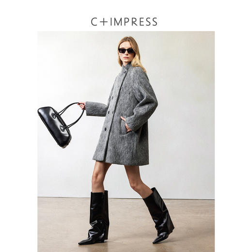 西嘉|精梳美丽诺羊毛 高智感格雷系水波纹灰色中长款毛呢外套女冬 商品图2