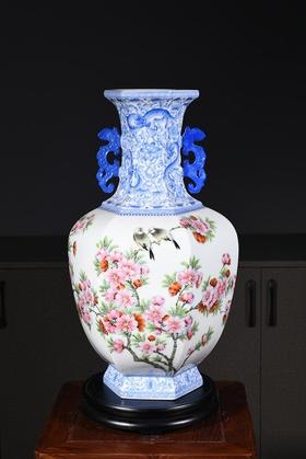 粉彩水点桃花水点紫藤双耳瓶