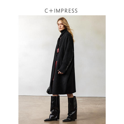 西嘉|兔毛真丝羊毛混纺 双面毛呢拼接罗纹领大衣女中长款廓形外套 商品图2