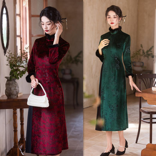GX黑金绒长款九分袖奥黛旗袍裙2024冬新款复古民族风奥黛 商品图0