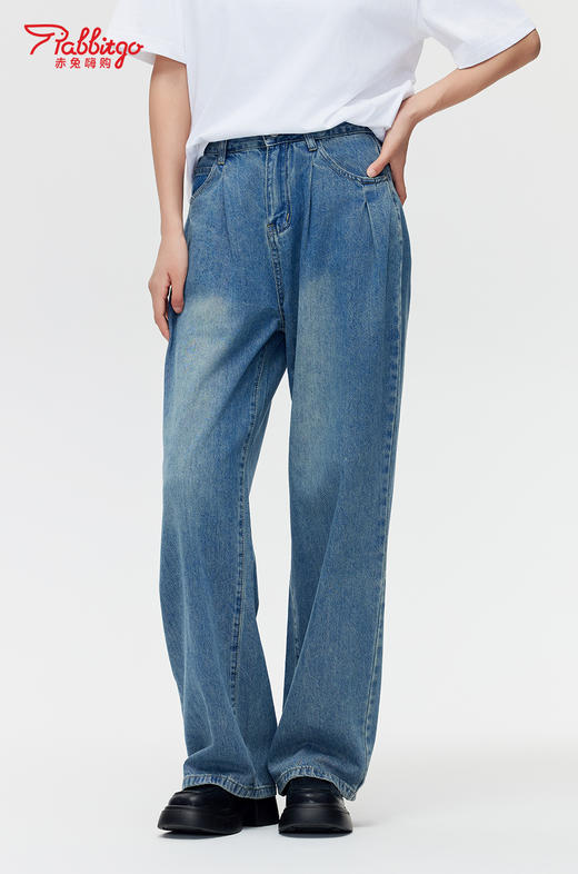 赤兔嗨购复古蓝/怀旧蓝阔腿牛仔裤女高腰褶皱高级感2024年新款直筒宽松垂感拖地裤复古怀日风 商品图2