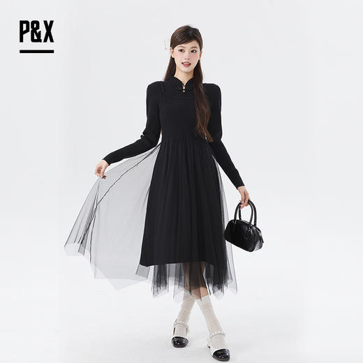 P&X设计师女装冬款中式领打底修身针织连衣长裙 824408188 黑色 商品图1