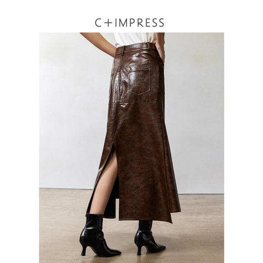 西嘉|PU油蜡皮美拉德棕色皮裙半身裙女2024年冬季解构后开衩A字裙 商品图1