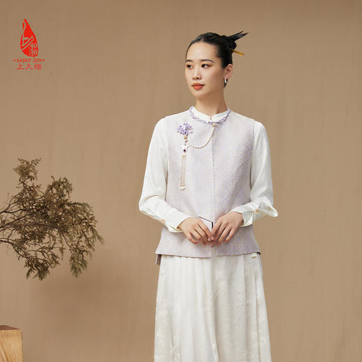 SAINTJOY/上久楷 女式宋锦马甲 中式上衣 中国风 复古 绿地团花纹氈罽 CY1044207027 商品图1