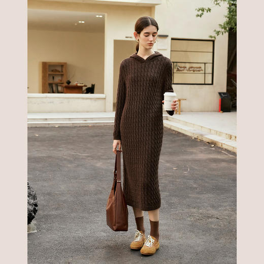 OLrain欧芮儿法式咖色连衣裙女冬季2024年新款麻花复古慵懒毛织裙 商品图3