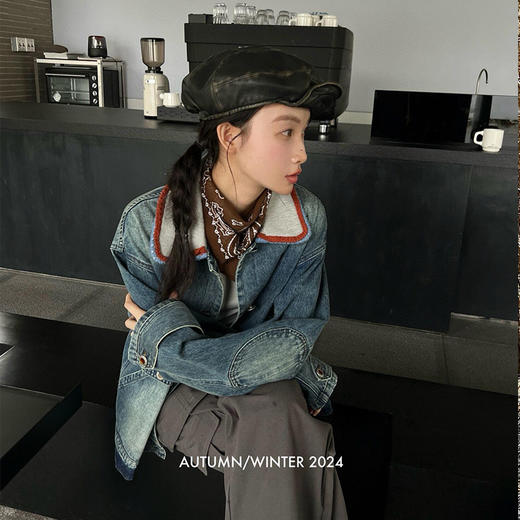 【顺丰包邮】05005 洛诗琳港风高级感洗水撞色领宽松显瘦牛仔夹克444 商品图3